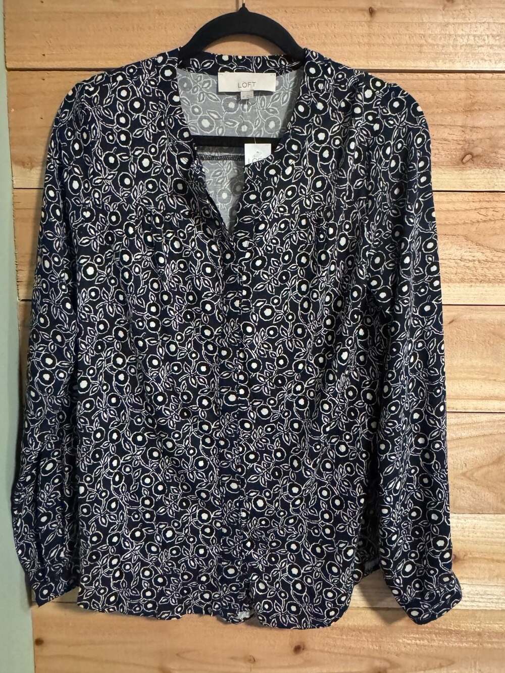 Floral Boho Peasant Blouse Lightweight Navy Top Medium